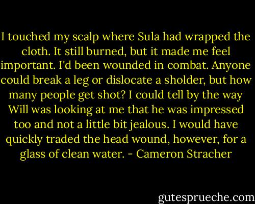I touched my scalp where Sula had wrapped the cloth. It still burned, but it made me feel important. I'd been wounded in combat. Anyone could break a leg or dislocate a sholder, but how many people get shot? I could tell by the way Will was looking at me that he was impressed too and not a little bit jealous. I would have quickly traded the head wound, however, for a glass of clean water. - Cameron Stracher