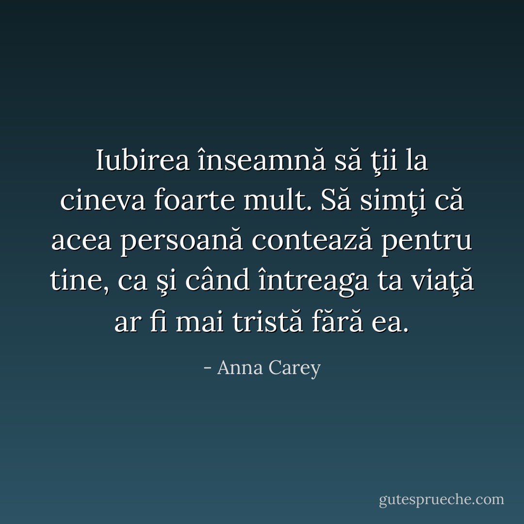 Iubirea înseamnă să ţii la cineva foarte mult. Să simţi că acea persoană contează pentru tine, ca şi când întreaga ta viaţă ar fi mai tristă fără ea. - Anna Carey