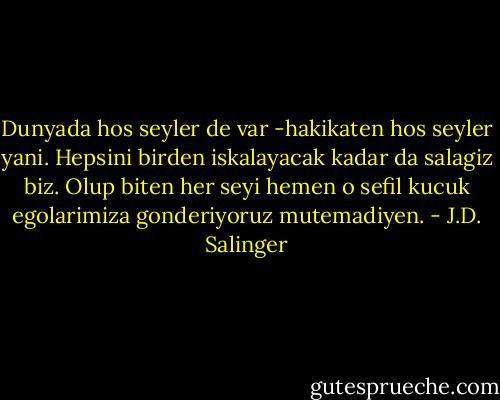 Dunyada hos seyler de var -hakikaten hos seyler yani. Hepsini birden iskalayacak kadar da salagiz biz. Olup biten her seyi hemen o sefil kucuk egolarimiza gonderiyoruz mutemadiyen. - J.D. Salinger