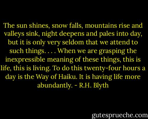 The sun shines, snow falls, mountains rise and valleys sink, night deepens and pales into day, but it is only very seldom that we attend to such things. . . . When we are grasping the inexpressible meaning of these things, this is life, this is living. To do this twenty-four hours a day is the Way of Haiku. It is having life more abundantly. - R.H. Blyth