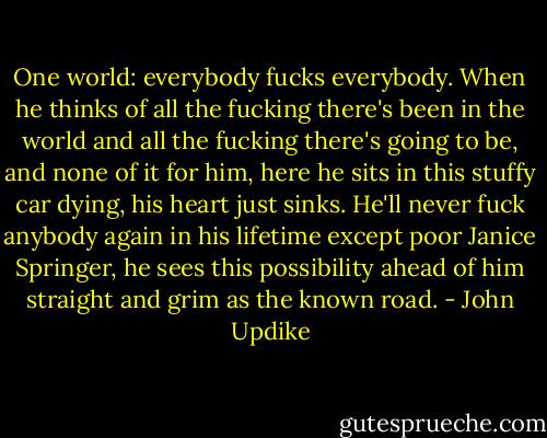 One world: everybody fucks everybody. When he thinks of all the fucking there's been in the world and all the fucking there's going to be, and none of it for him, here he sits in this stuffy car dying, his heart just sinks. He'll never fuck anybody again in his lifetime except poor Janice Springer, he sees this possibility ahead of him straight and grim as the known road. - John Updike