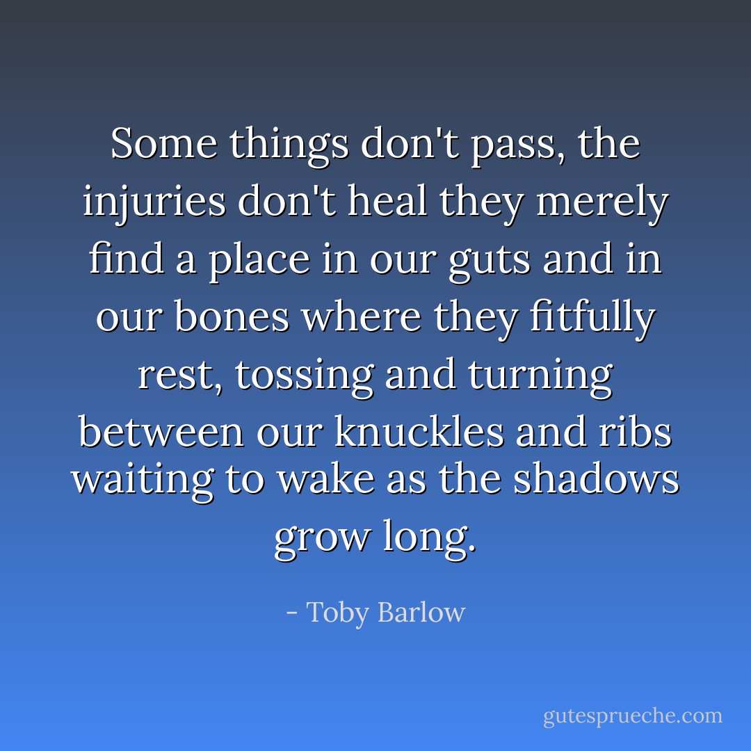 Some things don't pass, the injuries don't heal they merely find a place in our guts and in our bones where they fitfully rest, tossing and turning between our knuckles and ribs waiting to wake as the shadows grow long. - Toby Barlow
