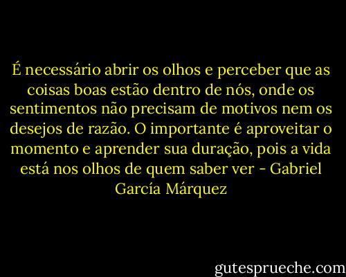 ‎É necessário abrir os olhos e perceber que as coisas boas estão dentro de nós, onde os sentimentos não precisam de motivos nem os desejos de razão.<br />O importante é aproveitar o momento e aprender sua duração, pois a vida está nos olhos de quem saber ver - Gabriel García Márquez