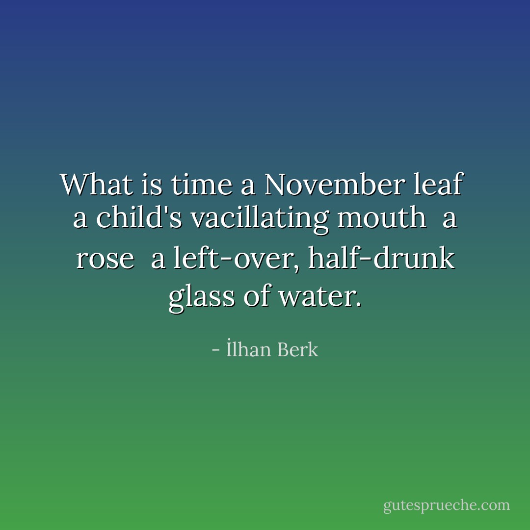 What is time<br />a November leaf <br />a child's vacillating mouth <br />a rose <br />a left-over, half-drunk glass of water. - İlhan Berk