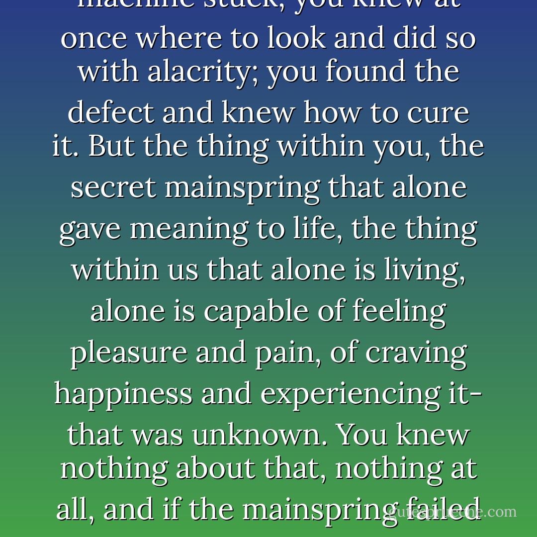If a bell failed to ring, if a stove smoked, if a wheel on a machine stuck, you knew at once where to look and did so with alacrity; you found the defect and knew how to cure it. But the thing within you, the secret mainspring that alone gave meaning to life, the thing within us that alone is living, alone is capable of feeling pleasure and pain, of craving happiness and experiencing it- that was unknown. You knew nothing about that, nothing at all, and if the mainspring failed there was no cure. Wasn't it insane? - Hermann Hesse