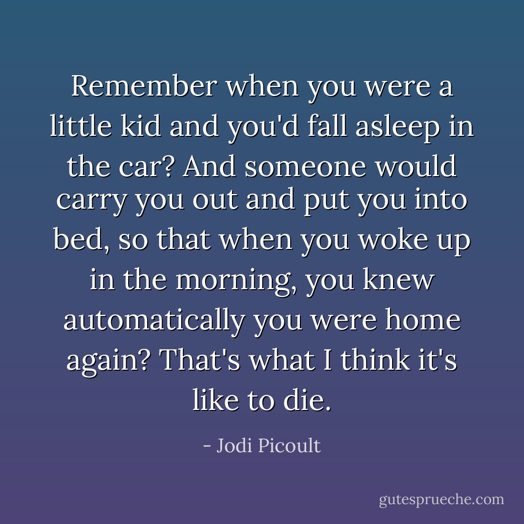 Remember when you were a little kid and you'd fall asleep in the car? And someone would carry you out and put you into bed, so that when you woke up in the morning, you knew automatically you were home again? That's what I think it's like to die. - Jodi Picoult