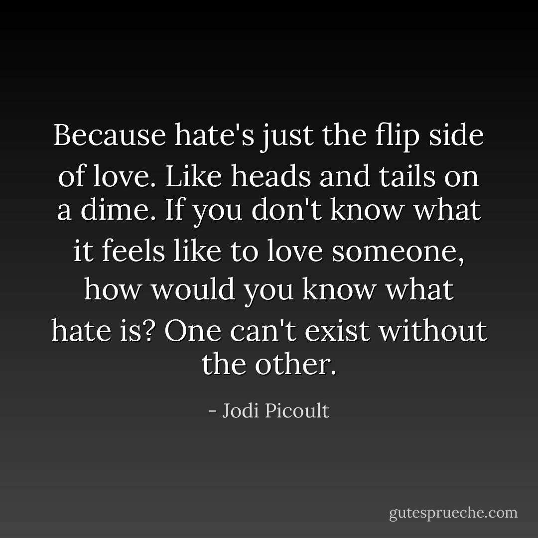 Because hate's just the flip side of love. Like heads and tails on a dime. If you don't know what it feels like to love someone, how would you know what hate is? One can't exist without the other. - Jodi Picoult