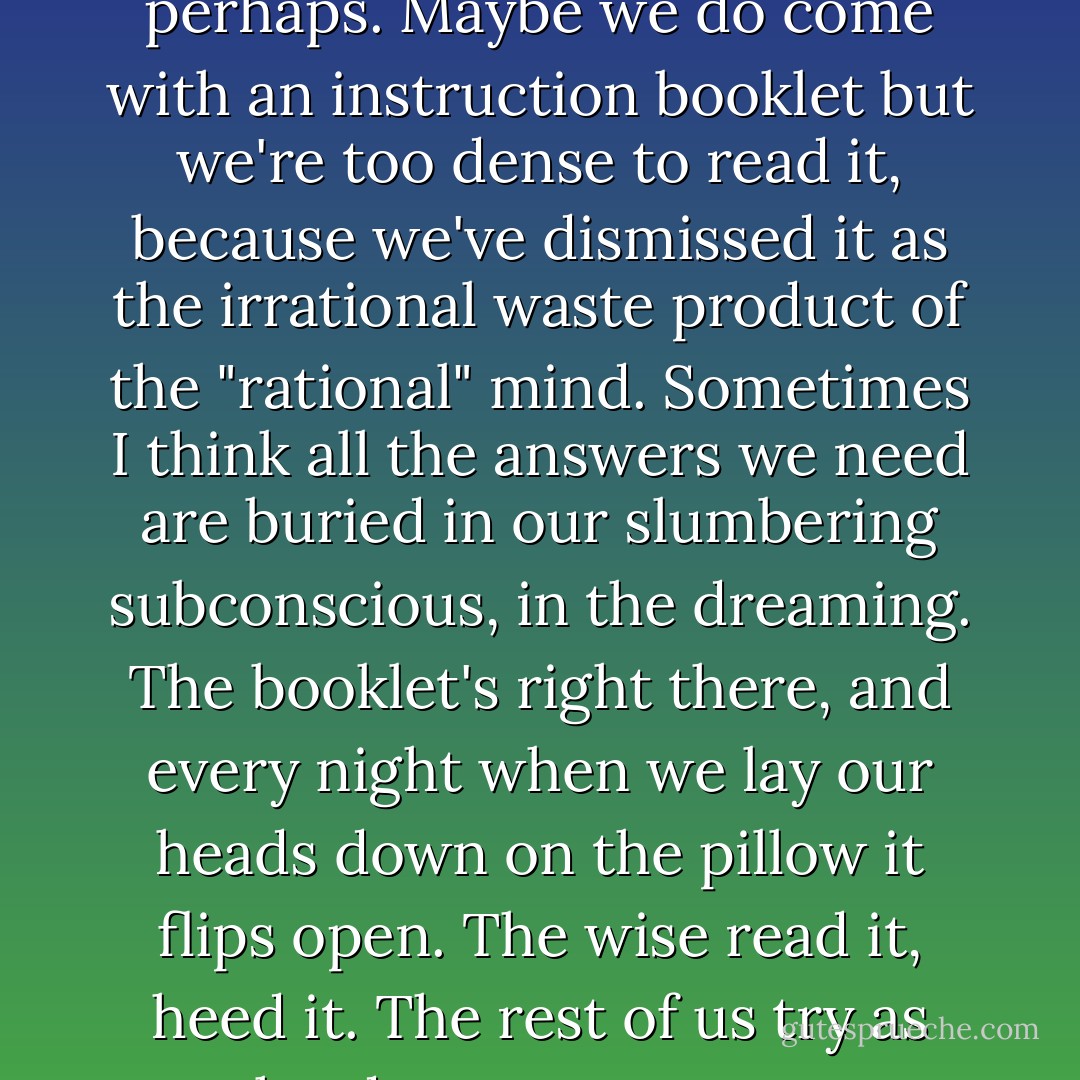 I don't know where dreams come from. Sometimes I wonder if they're genetic memories, or messages from something divine. Warnings perhaps. Maybe we do come with an instruction booklet but we're too dense to read it, because we've dismissed it as the irrational waste product of the "rational" mind. Sometimes I think all the answers we need are buried in our slumbering subconscious, in the dreaming. The booklet's right there, and every night when we lay our heads down on the pillow it flips open. The wise read it, heed it. The rest of us try as hard as we can upon awakening to forget any disturbing revelations we might have found there. - Karen Marie Moning