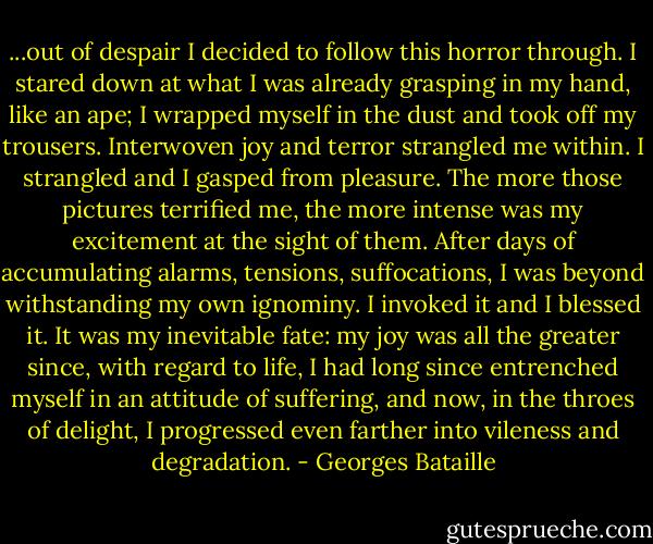 ...out of despair I decided to follow this horror through. I stared down at what I was already grasping in my hand, like an ape; I wrapped myself in the dust and took off my trousers.<br />Interwoven joy and terror strangled me within. I strangled and I gasped from pleasure. The more those pictures terrified me, the more intense was my excitement at the sight of them. After days of accumulating alarms, tensions, suffocations, I was beyond withstanding my own ignominy. I invoked it and I blessed it. It was my inevitable fate: my joy was all the greater since, with regard to life, I had long since entrenched myself in an attitude of suffering, and now, in the throes of delight, I progressed even farther into vileness and degradation. - Georges Bataille