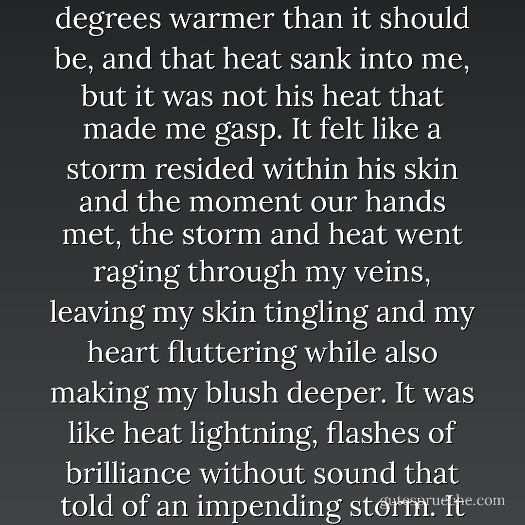 He took my hand in his. I gasped when our skin touched and looked into his eyes in a kind of shocked wonder, my eyes wide. His hand was smooth and warm, a few degrees warmer than it should be, and that heat sank into me, but it was not his heat that made me gasp. It felt like a storm resided within his skin and the moment our hands met, the storm and heat went raging through my veins, leaving my skin tingling and my heart fluttering while also making my blush deeper. It was like heat lightning, flashes of brilliance without sound that told of an impending storm. It awakened something within me, something I did not know existed, and took my breath away. I had never felt anything like it before. - Jasmine Dubroff