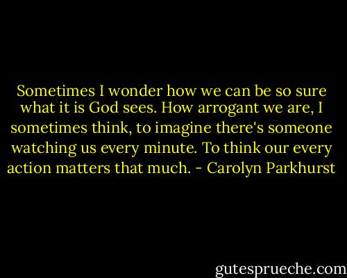 Sometimes I wonder how we can be so sure what it is God sees. How arrogant we are, I sometimes think, to imagine there's someone watching us every minute. To think our every action matters that much. - Carolyn Parkhurst