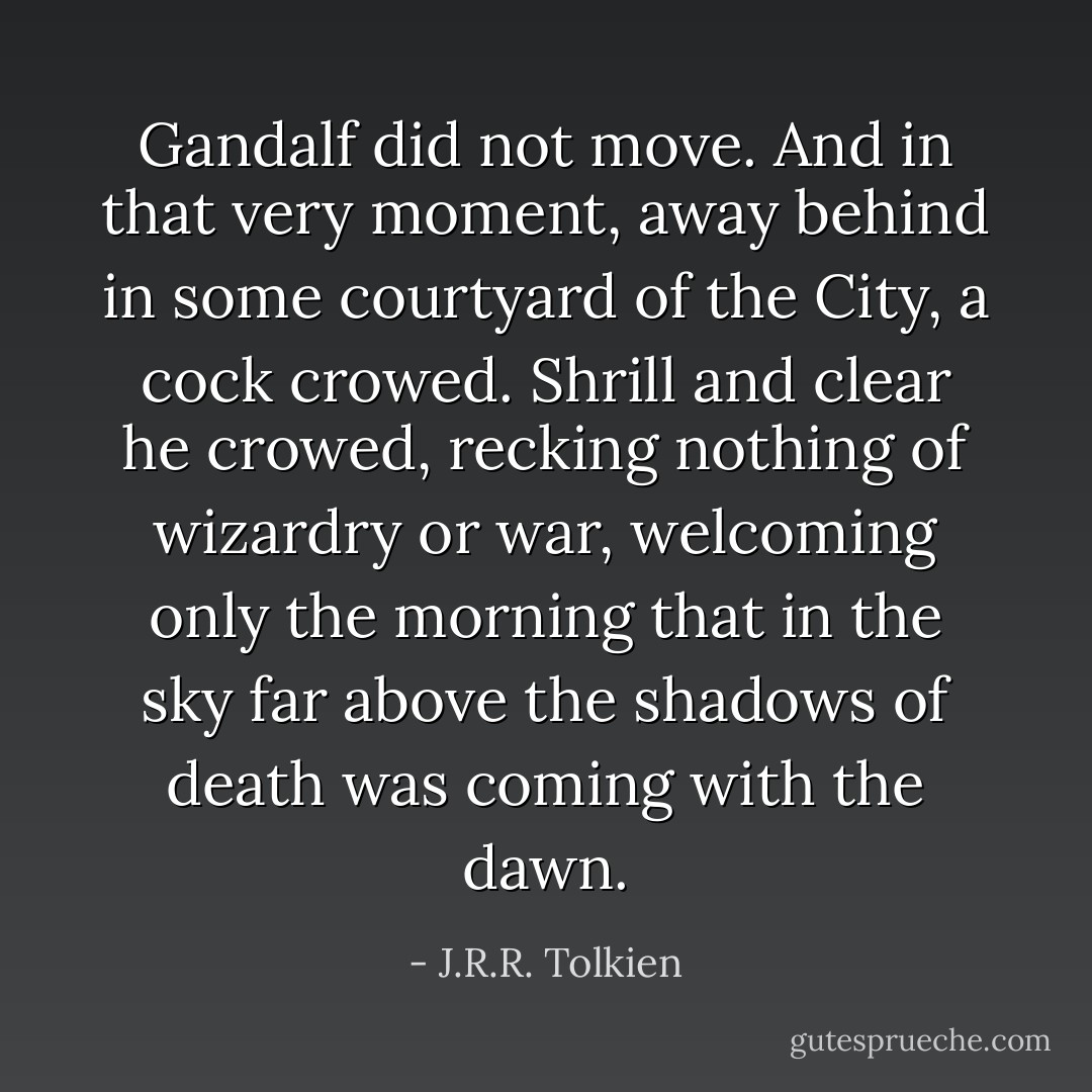 Gandalf did not move. And in that very moment, away behind in some courtyard of the City, a cock crowed. Shrill and clear he crowed, recking nothing of wizardry or war, welcoming only the morning that in the sky far above the shadows of death was coming with the dawn. - J.R.R. Tolkien