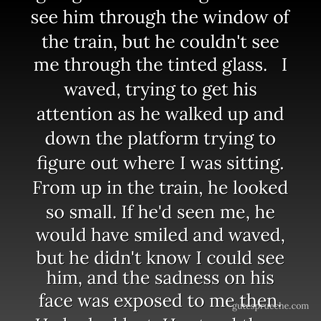 It was just regular growing up, of course, the kind everyone does - but it still hurt him, I know, like the memory I have of the time he dropped me off at the train station when I was going back to Chicago. I could see him through the window of the train, but he couldn't see me through the tinted glass. <br /><br />I waved, trying to get his attention as he walked up and down the platform trying to figure out where I was sitting. From up in the train, he looked so small. If he'd seen me, he would have smiled and waved, but he didn't know I could see him, and the sadness on his face was exposed to me then. He looked lost. He stood there on the platform a long time, even after my train started pulling away, still trying to catch a glimpse of me waving back. - Catherine Chung