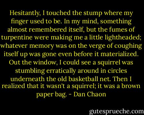 Hesitantly, I touched the stump where my finger used to be. In my mind, something almost remembered itself, but the fumes of turpentine were making me a little lightheaded; whatever memory was on the verge of coughing itself up was gone even before it materialized. Out the window, I could see a squirrel was stumbling erratically around in circles underneath the old basketball net. Then I realized that it wasn't a squirrel; it was a brown paper bag. - Dan Chaon