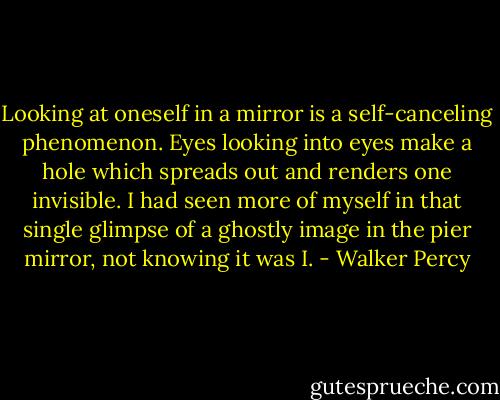 Looking at oneself in a mirror is a self-canceling phenomenon. Eyes looking into eyes make a hole which spreads out and renders one invisible. I had seen more of myself in that single glimpse of a ghostly image in the pier mirror, not knowing it was I. - Walker Percy