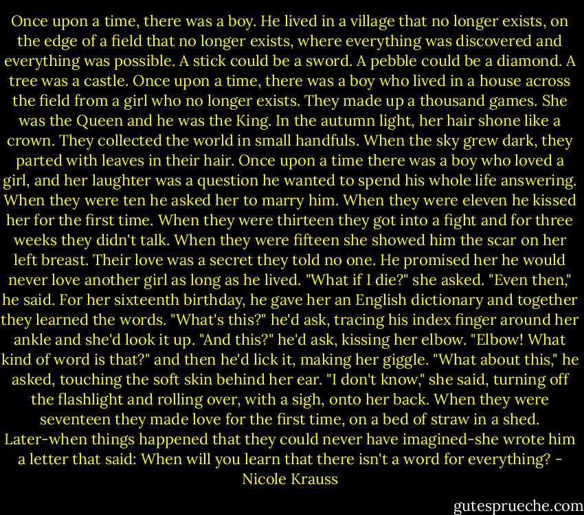 Once upon a time, there was a boy. He lived in a village that no longer exists, on the edge of a field that no longer exists, where everything was discovered and everything was possible. A stick could be a sword. A pebble could be a diamond. A tree was a castle.<br />Once upon a time, there was a boy who lived in a house across the field from a girl who no longer exists. They made up a thousand games. She was the Queen and he was the King. In the autumn light, her hair shone like a crown. They collected the world in small handfuls. When the sky grew dark, they parted with leaves in their hair.<br />Once upon a time there was a boy who loved a girl, and her laughter was a question he wanted to spend his whole life answering. When they were ten he asked her to marry him. When they were eleven he kissed her for the first time. When they were thirteen they got into a fight and for three weeks they didn't talk. When they were fifteen she showed him the scar on her left breast. Their love was a secret they told no one. He promised her he would never love another girl as long as he lived. "What if I die?" she asked. "Even then," he said. For her sixteenth birthday, he gave her an English dictionary and together they learned the words. "What's this?" he'd ask, tracing his index finger around her ankle and she'd look it up. "And this?" he'd ask, kissing her elbow. "Elbow! What kind of word is that?" and then he'd lick it, making her giggle. "What about this," he asked, touching the soft skin behind her ear. "I don't know," she said, turning off the flashlight and rolling over, with a sigh, onto her back. When they were seventeen they made love for the first time, on a bed of straw in a shed. Later-when things happened that they could never have imagined-she wrote him a letter that said: When will you learn that there isn't a word for everything? - Nicole Krauss