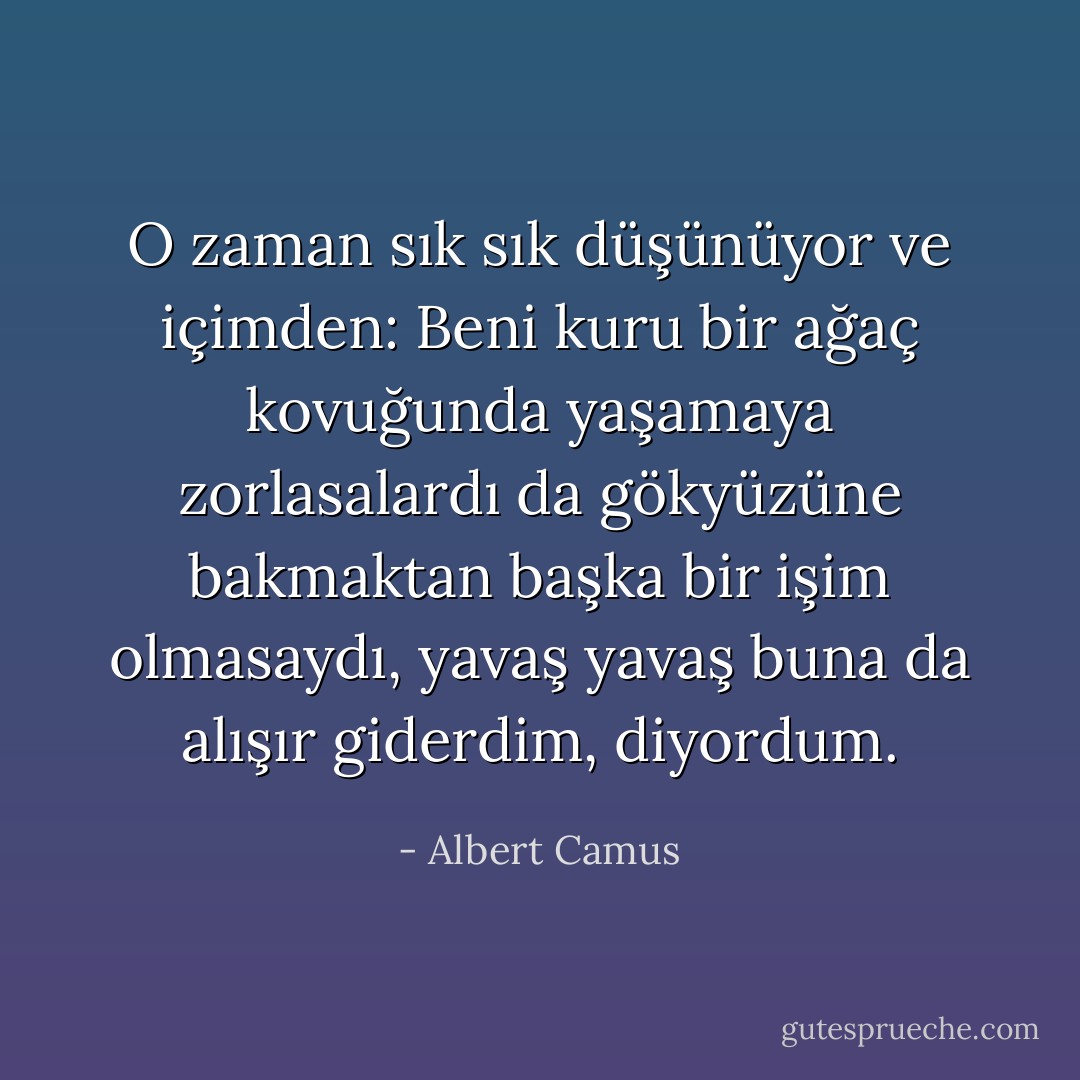O zaman sık sık düşünüyor ve içimden: Beni kuru bir ağaç kovuğunda yaşamaya zorlasalardı da gökyüzüne bakmaktan başka bir işim olmasaydı, yavaş yavaş buna da alışır giderdim, diyordum. - Albert Camus
