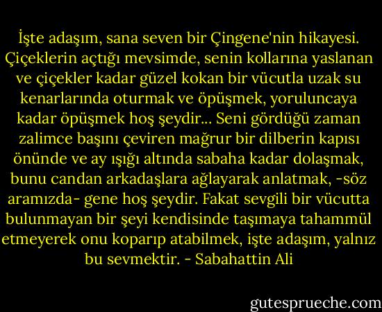 İşte adaşım, sana seven bir Çingene'nin hikayesi. Çiçeklerin açtığı mevsimde, senin kollarına yaslanan ve çiçekler kadar güzel kokan bir vücutla uzak su kenarlarında oturmak ve öpüşmek, yoruluncaya kadar öpüşmek hoş şeydir... Seni gördüğü zaman zalimce başını çeviren mağrur bir dilberin kapısı önünde ve ay ışığı altında sabaha kadar dolaşmak, bunu candan arkadaşlara ağlayarak anlatmak, -söz aramızda- gene hoş şeydir. Fakat sevgili bir vücutta bulunmayan bir şeyi kendisinde taşımaya tahammül etmeyerek onu koparıp atabilmek, işte adaşım, yalnız bu sevmektir. - Sabahattin Ali