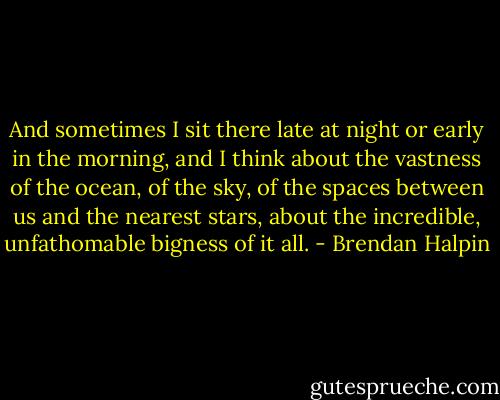 And sometimes I sit there late at night or early in the morning, and I think about the vastness of the ocean, of the sky, of the spaces between us and the nearest stars, about the incredible, unfathomable bigness of it all. - Brendan Halpin