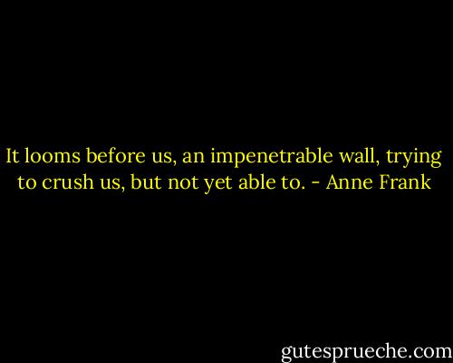 It looms before us, an impenetrable wall, trying to crush us, but not yet able to. - Anne Frank