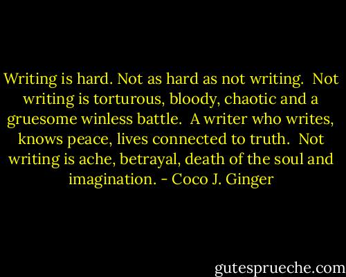 Writing is hard. Not as hard as not writing.<br /><br />Not writing is torturous, bloody, chaotic and a gruesome winless battle.<br /><br />A writer who writes, knows peace, lives connected to truth.<br /><br />Not writing is ache, betrayal, death of the soul and imagination. - Coco J. Ginger