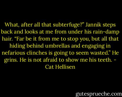 What, after all that subterfuge?” Jannik steps back and looks at me from under his rain-damp hair. “Far be it from me to stop you, but all that hiding behind umbrellas and engaging in nefarious clinches is going to seem wasted.” He grins. He is not afraid to show me his teeth. - Cat Hellisen