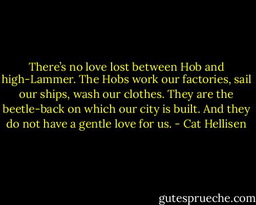 There’s no love lost between Hob and high-Lammer. The Hobs work our factories, sail our ships, wash our clothes. They are the beetle-back on which our city is built. And they do not have a gentle love for us. - Cat Hellisen