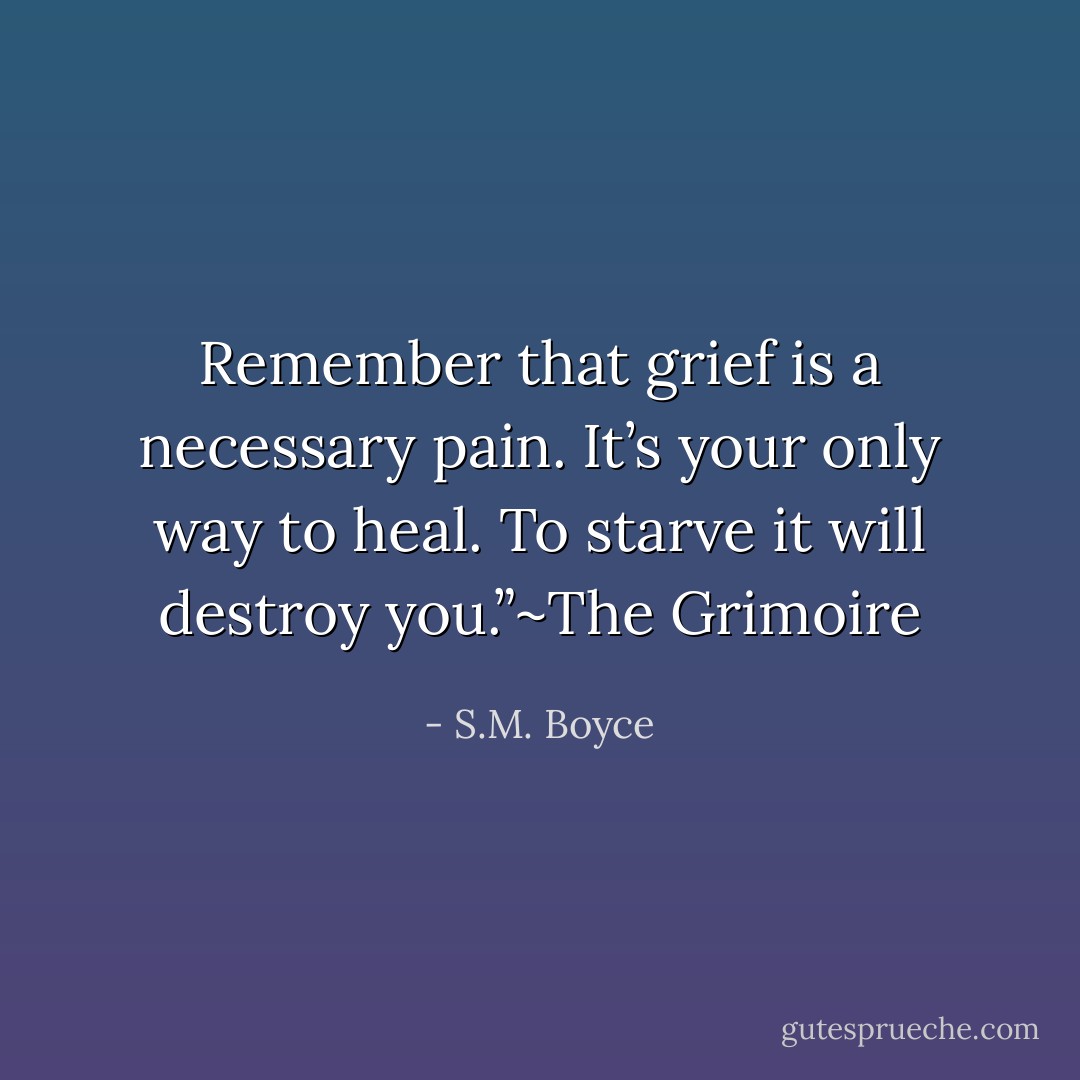 Remember that grief is a necessary pain. It’s your only way to heal. To starve it will destroy you.”~The Grimoire - S.M. Boyce