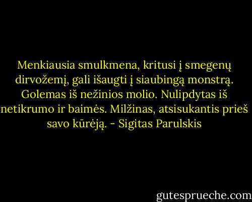 Menkiausia smulkmena, kritusi į smegenų dirvožemį, gali išaugti į siaubingą monstrą. Golemas iš nežinios molio. Nulipdytas iš netikrumo ir baimės. Milžinas, atsisukantis prieš savo kūrėją. - Sigitas Parulskis