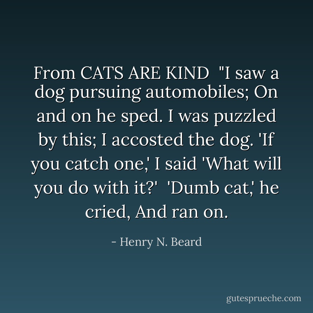 <i>From CATS ARE KIND</i><br /><br />"I saw a dog pursuing automobiles;<br />On and on he sped.<br />I was puzzled by this;<br />I accosted the dog.<br />'If you catch one,' I said<br />'What will you do with it?'<br /><br />'Dumb cat,' he cried,<br />And ran on. - Henry N. Beard