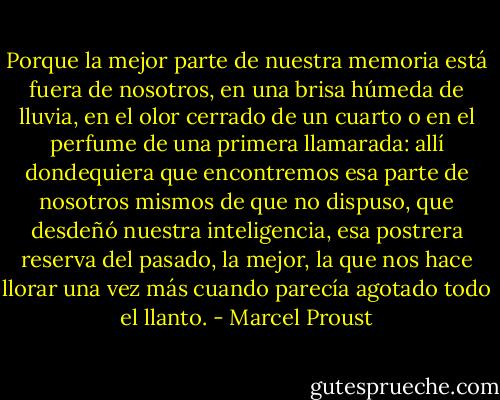Porque la mejor parte de nuestra memoria está fuera de nosotros, en una brisa húmeda de lluvia, en el olor cerrado de un cuarto o en el perfume de una primera llamarada: allí dondequiera que encontremos esa parte de nosotros mismos de que no dispuso, que desdeñó nuestra inteligencia, esa postrera reserva del pasado, la mejor, la que nos hace llorar una vez más cuando parecía agotado todo el llanto. - Marcel Proust