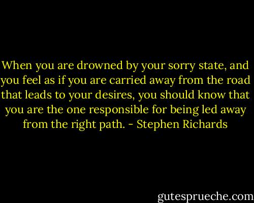 When you are drowned by your sorry state, and you feel as if you are carried away from the road that leads to your desires, you should know that you are the one responsible for being led away from the right path. - Stephen Richards
