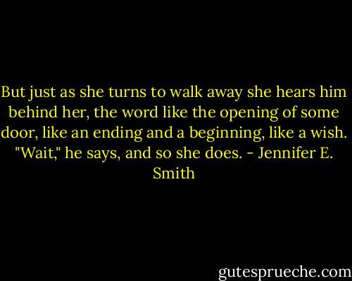 But just as she turns to walk away she hears him behind her, the word like the opening of some door, like an ending and a beginning, like a wish.<br />"Wait," he says, and so she does. - Jennifer E. Smith