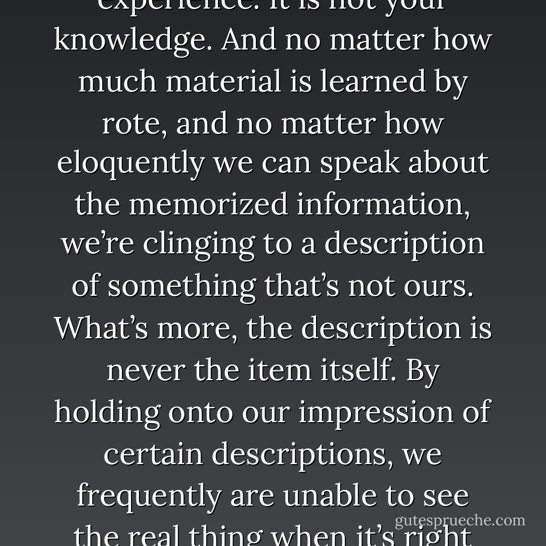 Memorizing someone else’s explanation of the truth isn’t the same as seeing the truth for yourself. It is what it is—the memorization of second-hand knowledge. It is not your experience. It is not your knowledge. And no matter how much material is learned by rote, and no matter how eloquently we can speak about the memorized information, we’re clinging to a description of something that’s not ours. What’s more, the description is never the item itself. By holding onto our impression of certain descriptions, we frequently are unable to see the real thing when it’s right before our eyes. We are conditioned by memorizing and believing concepts—the truth of which we’ve never genuinely seen for ourselves. - H.E. Davey