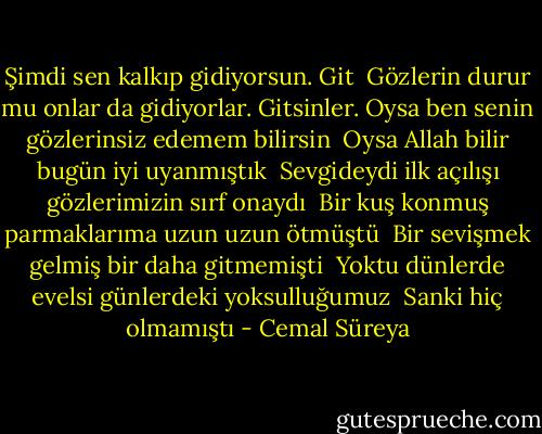 Şimdi sen kalkıp gidiyorsun. Git <br />Gözlerin durur mu onlar da gidiyorlar. Gitsinler.<br />Oysa ben senin gözlerinsiz edemem bilirsin <br />Oysa Allah bilir bugün iyi uyanmıştık <br />Sevgideydi ilk açılışı gözlerimizin sırf onaydı <br />Bir kuş konmuş parmaklarıma uzun uzun ötmüştü <br />Bir sevişmek gelmiş bir daha gitmemişti <br />Yoktu dünlerde evelsi günlerdeki yoksulluğumuz <br />Sanki hiç olmamıştı - Cemal Süreya