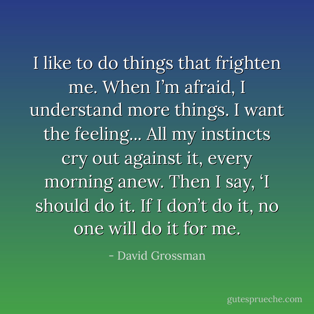 I like to do things that frighten me. When I’m afraid, I understand more things. I want the feeling... All my instincts cry out against it, every morning anew. Then I say, ‘I should do it. If I don’t do it, no one will do it for me. - David Grossman