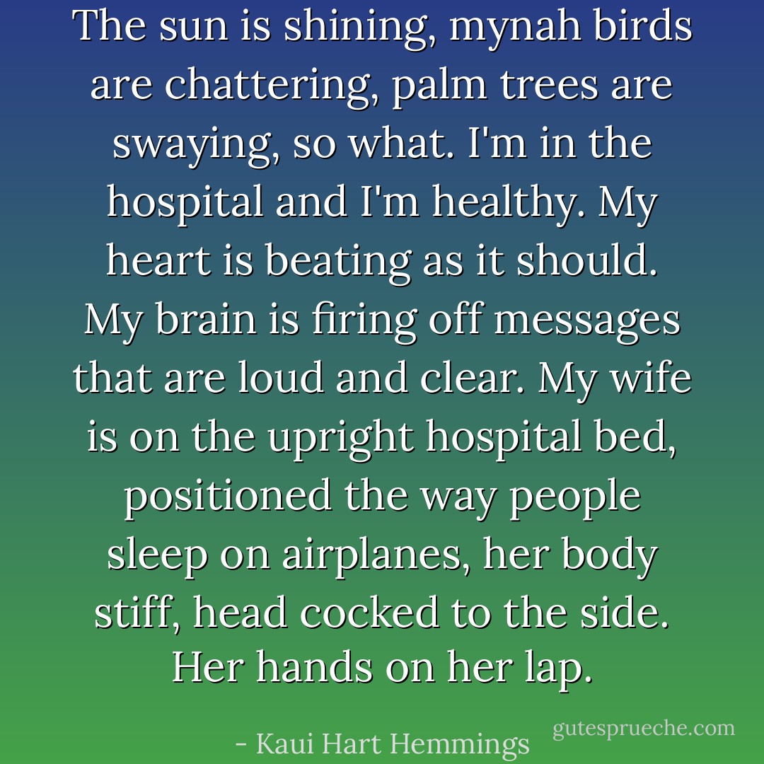 The sun is shining, mynah birds are chattering, palm trees are swaying, so what. I'm in the hospital and I'm healthy. My heart is beating as it should. My brain is firing off messages that are loud and clear. My wife is on the upright hospital bed, positioned the way people sleep on airplanes, her body stiff, head cocked to the side. Her hands on her lap. - Kaui Hart Hemmings