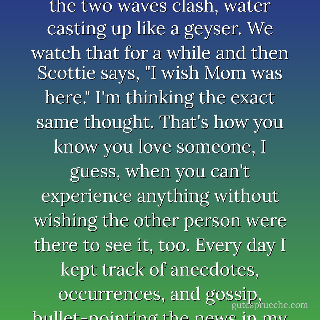 We walk until there aren't more houses, all the way to the part of the beach where the current makes the waves come in then rush back out so that the two waves clash, water casting up like a geyser. We watch that for a while and then Scottie says, "I wish Mom was here." I'm thinking the exact same thought. That's how you know you love someone, I guess, when you can't experience anything without wishing the other person were there to see it, too. Every day I kept track of anecdotes, occurrences, and gossip, bullet-pointing the news in my head and even rehearsing my stories before telling them to Joanie in bed at night. - Kaui Hart Hemmings