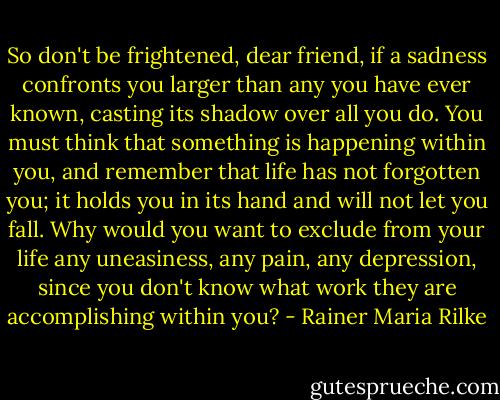 So don't be frightened, dear friend, if a sadness confronts you larger than any you have ever known, casting its shadow over all you do. You must think that something is happening within you, and remember that life has not forgotten you; it holds you in its hand and will not let you fall. Why would you want to exclude from your life any uneasiness, any pain, any depression, since you don't know what work they are accomplishing within you? - Rainer Maria Rilke