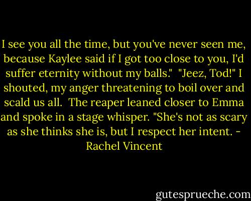 I see you all the time, but you've never seen me, because Kaylee said if I got too close to you, I'd suffer eternity without my balls."<br /><br />"Jeez, Tod!" I shouted, my anger threatening to boil over and scald us all.<br /><br />The reaper leaned closer to Emma and spoke in a stage whisper. "She's not as scary as she thinks she is, but I respect her intent. - Rachel Vincent