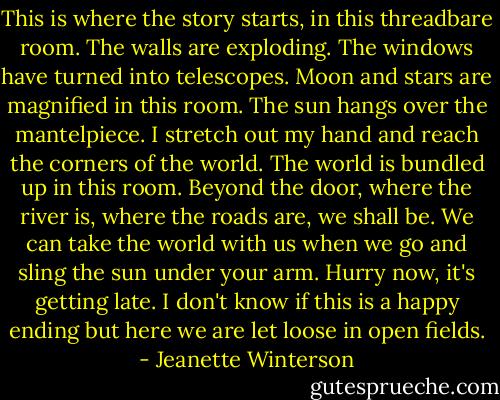 This is where the story starts, in this threadbare room. The walls are exploding. The windows have turned into telescopes. Moon and stars are magnified in this room. The sun hangs over the mantelpiece. I stretch out my hand and reach the corners of the world. The world is bundled up in this room. Beyond the door, where the river is, where the roads are, we shall be. We can take the world with us when we go and sling the sun under your arm. Hurry now, it's getting late. I don't know if this is a happy ending but here we are let loose in open fields. - Jeanette Winterson