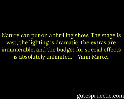 Nature can put on a thrilling show. The stage is vast, the lighting is dramatic, the extras are innumerable, and the budget for special effects is absolutely unlimited. - Yann Martel
