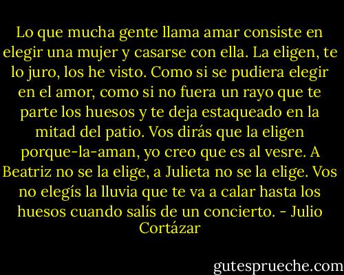 Lo que mucha gente llama amar consiste en elegir una mujer y casarse con ella. La eligen, te lo juro, los he visto. Como si se pudiera elegir en el amor, como si no fuera un rayo que te parte los huesos y te deja estaqueado en la mitad del patio. Vos dirás que la eligen porque-la-aman, yo creo que es al vesre. A Beatriz no se la elige, a Julieta no se la elige. Vos no elegís la lluvia que te va a calar hasta los huesos cuando salís de un concierto. - Julio Cortázar