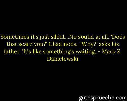 Sometimes it's just silent...No sound at all.<br />'Does that scare you?'<br />Chad nods. <br />'Why?' asks his father.<br />'It's like something's waiting. - Mark Z. Danielewski