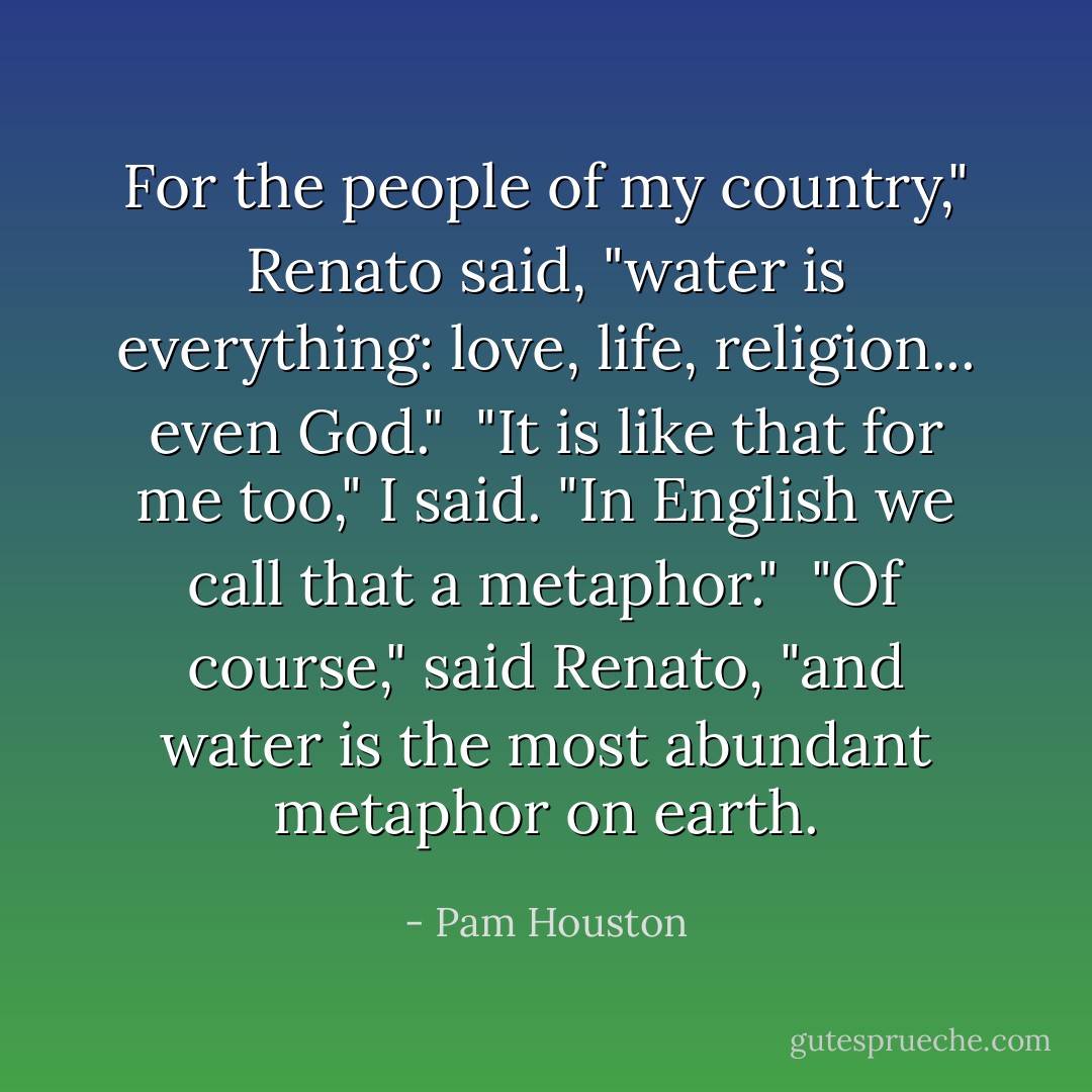 For the people of my country," Renato said, "water is everything: love, life, religion... even God."<br /><br />"It is like that for me too," I said. "In English we call that a metaphor."<br /><br />"Of course," said Renato, "and water is the most abundant metaphor on earth. - Pam Houston