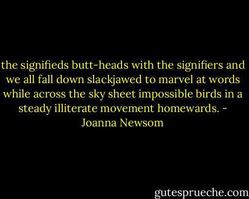 the signifieds butt-heads with the signifiers<br />and we all fall down slackjawed to marvel at words<br />while across the sky sheet impossible birds<br />in a steady illiterate movement homewards. - Joanna Newsom