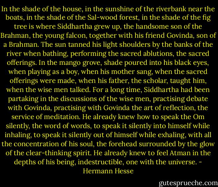 In the shade of the house, in the sunshine of the riverbank near the boats, in the shade of the Sal-wood forest, in the shade of the fig tree is where Siddhartha grew up, the handsome son of the Brahman, the young falcon, together with his friend Govinda, son of a Brahman. The sun tanned his light shoulders by the banks of the river when bathing, performing the sacred ablutions, the sacred offerings. In the mango grove, shade poured into his black eyes, when playing as a boy, when his mother sang, when the sacred offerings were made, when his father, the scholar, taught him, when the wise men talked. For a long time, Siddhartha had been partaking in the discussions of the wise men, practising debate with Govinda, practising with Govinda the art of reflection, the service of meditation. He already knew how to speak the Om silently, the word of words, to speak it silently into himself while inhaling, to speak it silently out of himself while exhaling, with all the concentration of his soul, the forehead surrounded by the glow of the clear-thinking spirit. He already knew to feel Atman in the depths of his being, indestructible, one with the universe. - Hermann Hesse