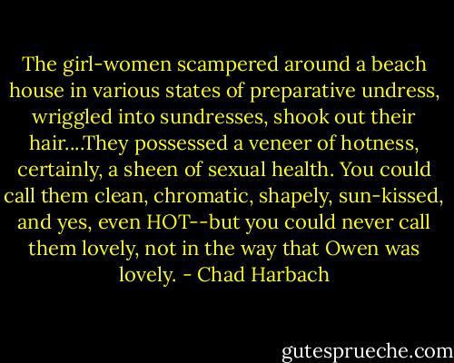 The girl-women scampered around a beach house in various states of preparative undress, wriggled into sundresses, shook out their hair....They possessed a veneer of hotness, certainly, a sheen of sexual health. You could call them clean, chromatic, shapely, sun-kissed, and yes, even HOT--but you could never call them lovely, not in the way that Owen was lovely. - Chad Harbach