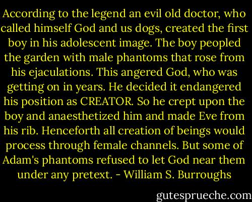 According to the legend an evil old doctor, who called himself God and us dogs, created the first boy in his adolescent image. The boy peopled the garden with male phantoms that rose from his ejaculations. This angered God, who was getting on in years. He decided it endangered his position as CREATOR. So he crept upon the boy and anaesthetized him and made Eve from his rib. Henceforth all creation of beings would process through female channels. But some of Adam's phantoms refused to let God near them under any pretext. - William S. Burroughs