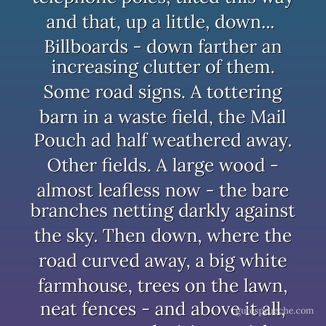 It was like hundreds of roads he'd driven over - no different - a stretch of tar, lusterless, scaley, humping toward the center. On both sides were telephone poles, tilted this way and that, up a little, down...<br /><br />Billboards - down farther an increasing clutter of them. Some road signs. A tottering barn in a waste field, the Mail Pouch ad half weathered away. Other fields. A large wood - almost leafless now - the bare branches netting darkly against the sky. Then down, where the road curved away, a big white farmhouse, trees on the lawn, neat fences - and above it all, way up, a television aerial, struck by the sun, shooting out bars of glare like neon. ("Thompson") - George A. Zorn